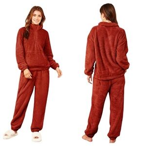 PEHMEA 2 Piece Fluffy Fleece Pajama Set Rust Red Cozy Winter Loungewear Size XL
